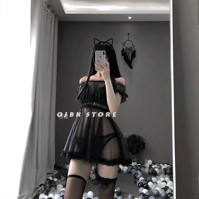 

Sexy Lingerie Bunny Cosplay Nightdress Women Transparent Lace Set Black White Lovely Erotic Princess Sleepwear Lolita Dresses