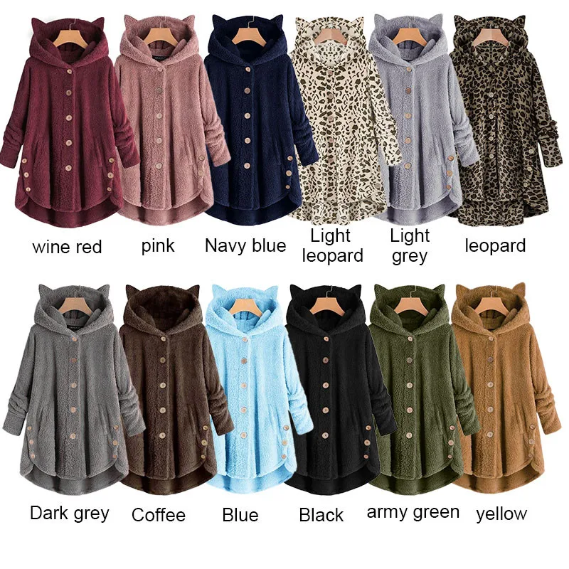 Cute Plush Coat Winter Harajuku Irregular Hem Fleece Warm Woman Teddy Kawaii Cats Ears Hooded Women Fluffy Jackets | Женская одежда