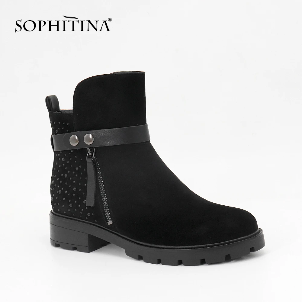 SOPHITINA/женские ботильоны с круглым носком; детская замшевая обувь; Модные женские ботинки на низком квадратном каблуке с ремешком на молнии; SL22