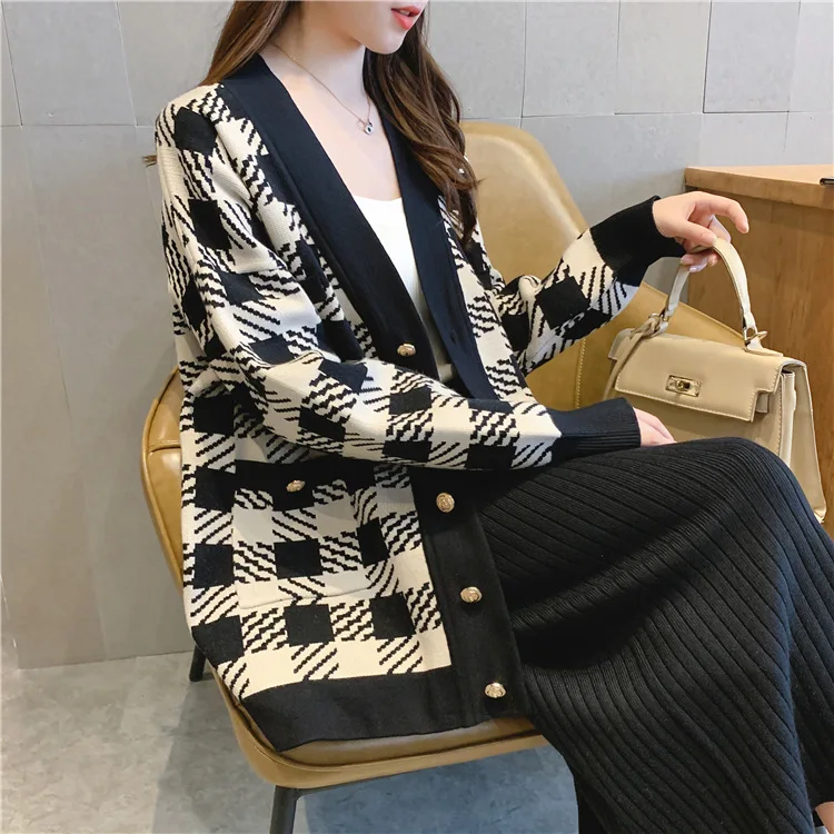 

Houndstooth Cardigan Women Graceful 2020 Autumn/Winter New Sweater Coat Wild Loose Vintage Sweaters