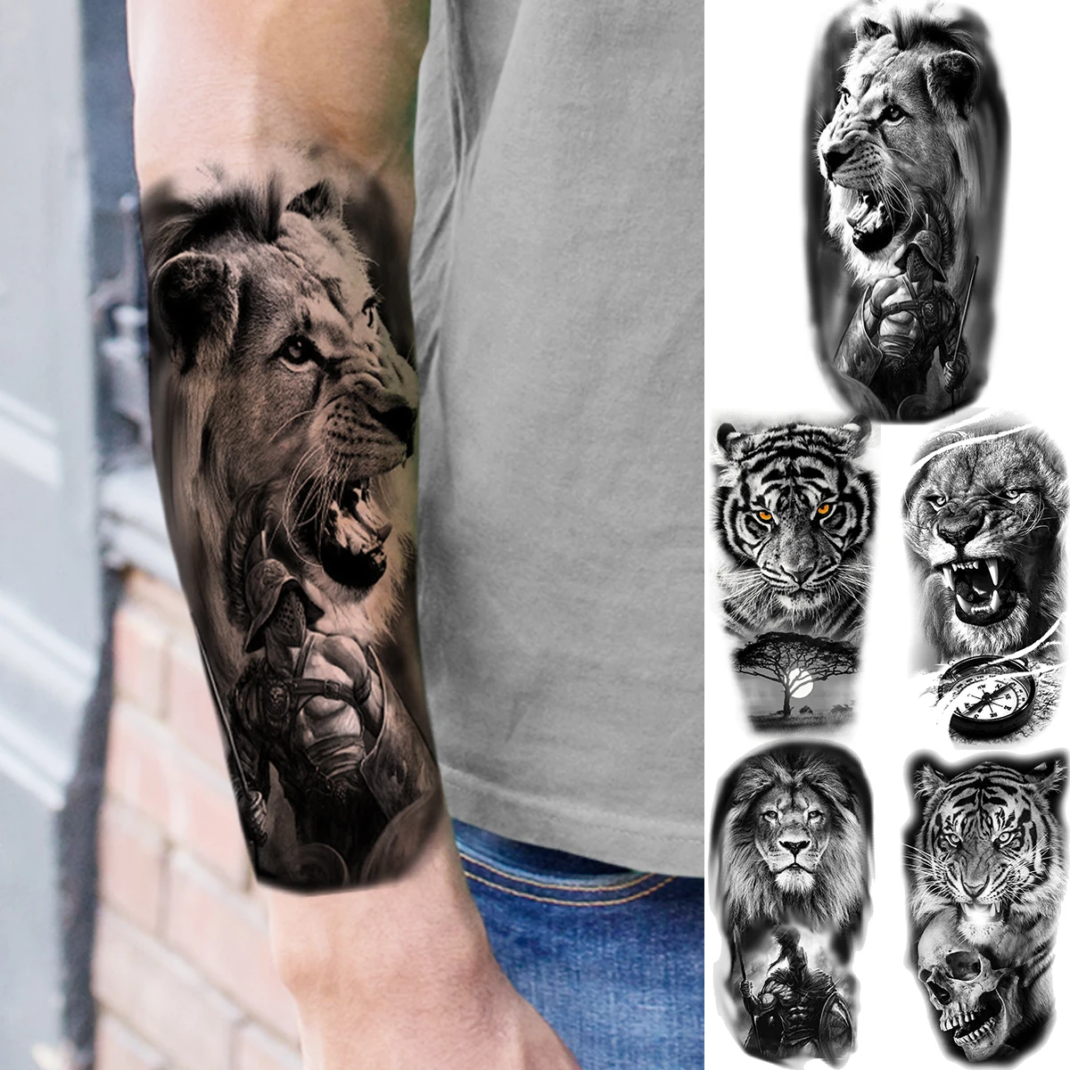 Реалистичные временные татуировки в виде черного льва и воина для мужчин