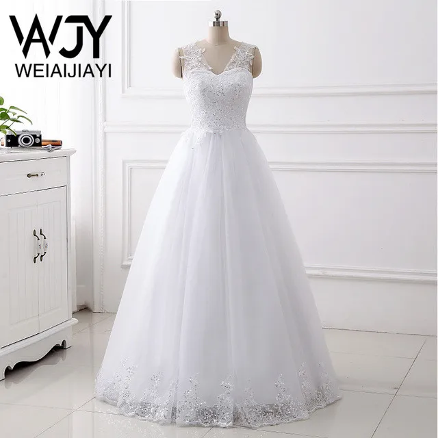 

Real Image V Neck Sleeveless A Lline White Wedding Dress Lace Up Sequins Appliques Bridal Skirt Vestido De Novia Robe De Mariee