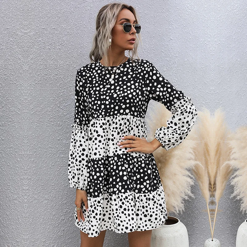 

2021 autumn wide wood ears chiffon zebra pattern long-sleeved short dress skirt