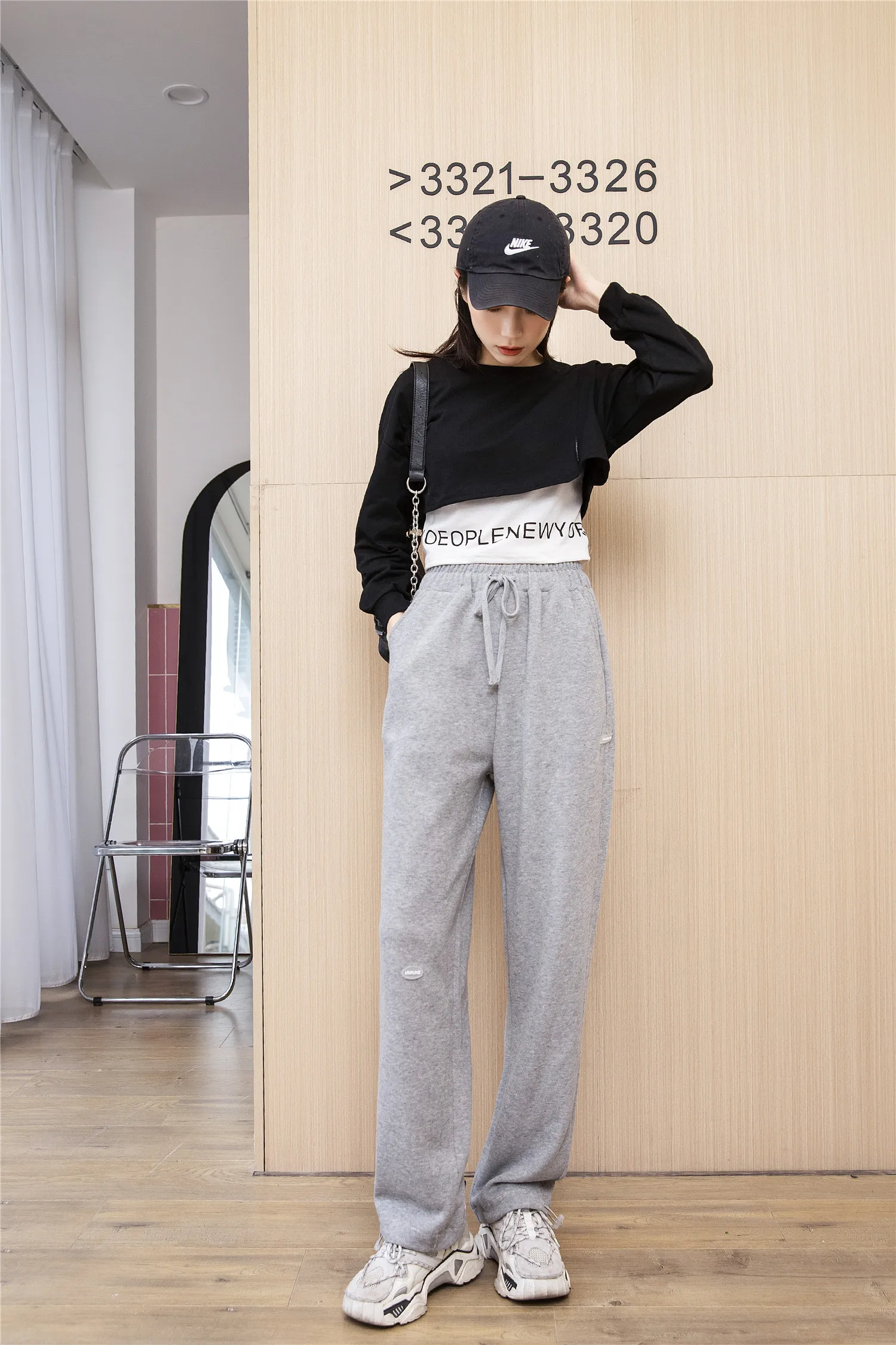 

New two wear straight high waist grey wide leg pants women's spring and autumn vertical stripe cotton leisure legged pants