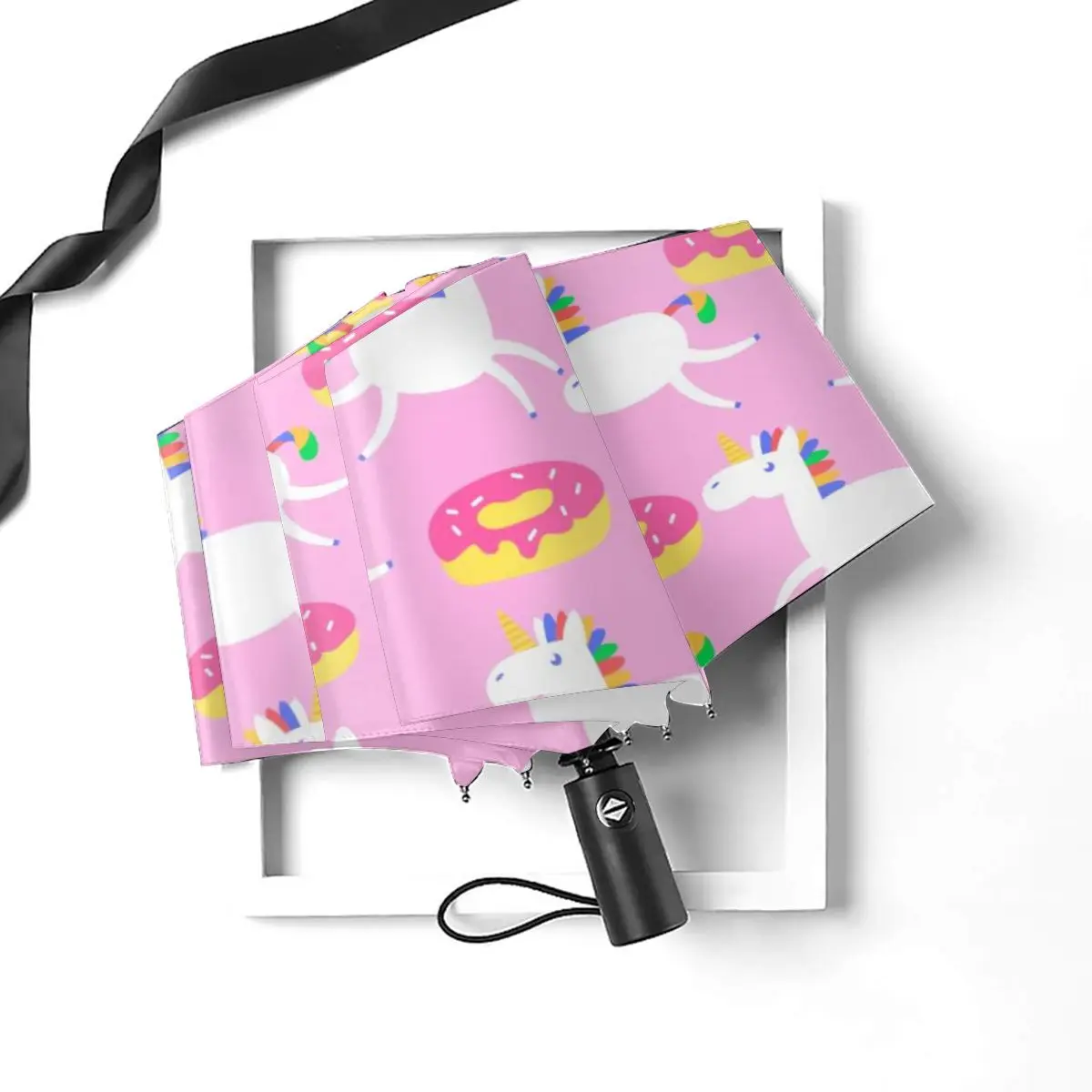 Economici Unicorn E Ciambelle Su Sfondo Rosa Antivento Automatico Pieghevole Invertito Ombrello Portatile Paraguas Per Uomo Donna