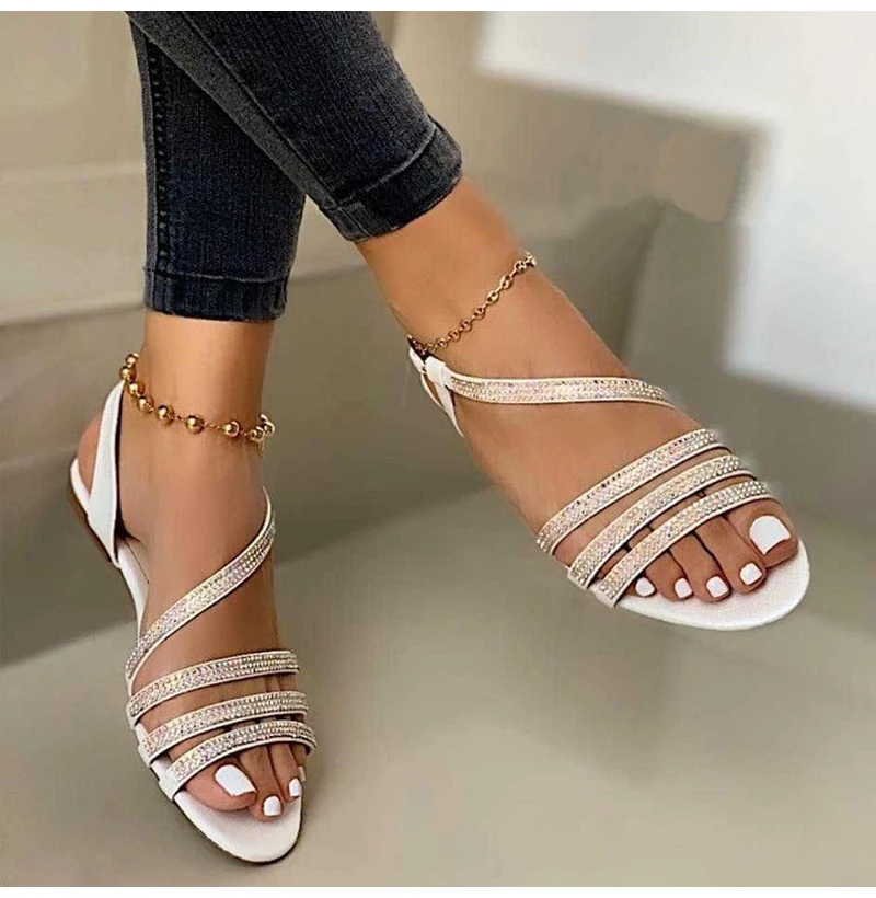 

Women Sandals Summer Fashion Bling Sequins Crystal Shoes Woman Flat Ladies Sexy Narrow Band Buckle Footwear Plus Size 35-43