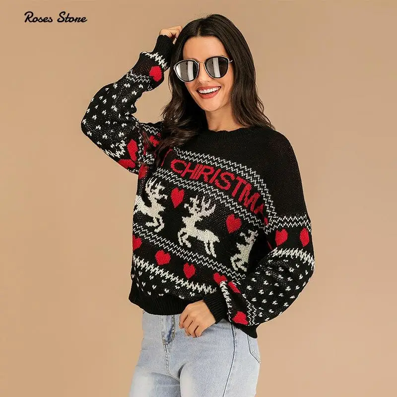 

Woman Black Knitted Pullovers Tops Reindeer Ugly Christmas Sweaters 2020 Long Sleeve Jersey School Work Clothes Holiday Jumper