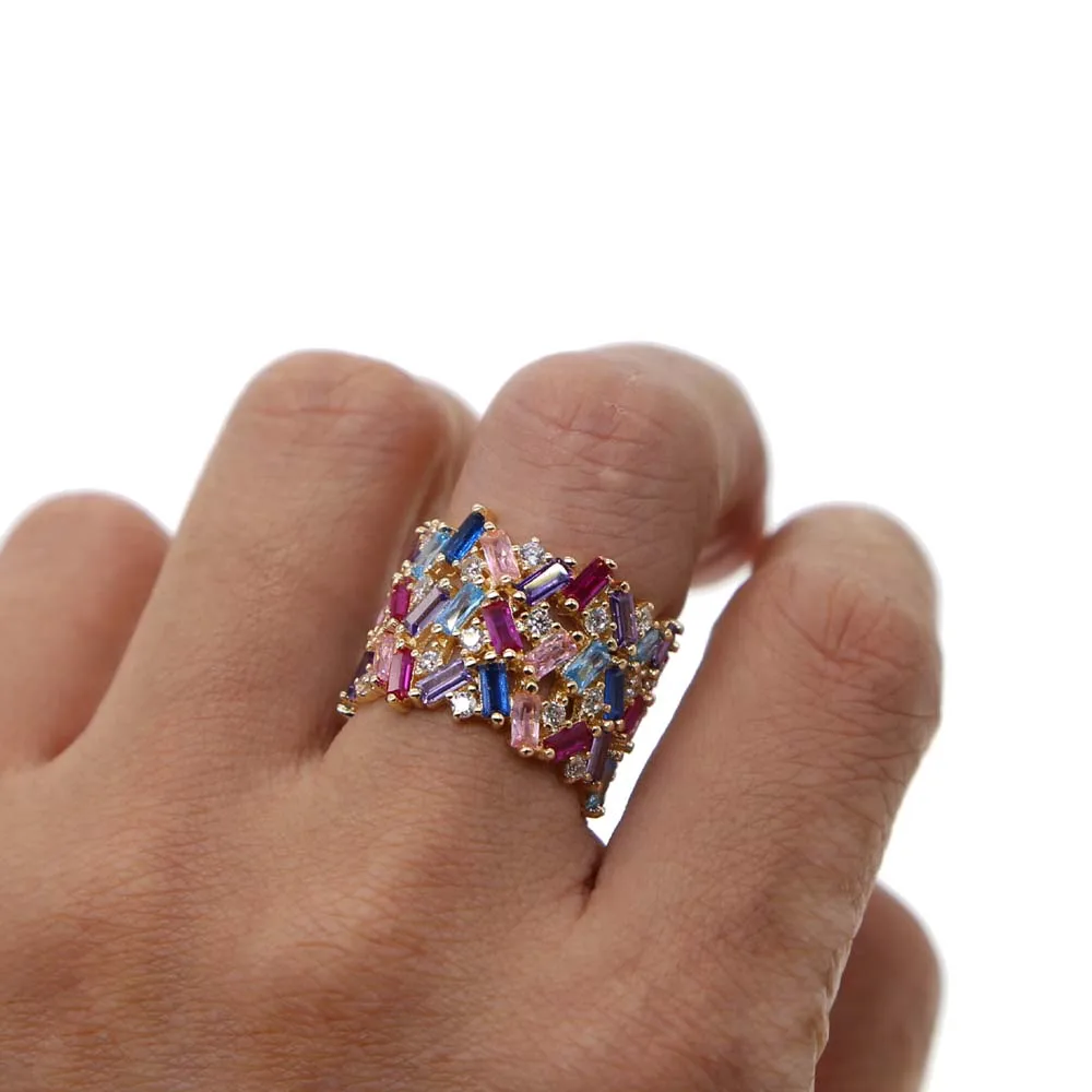 Женское кольцо с фианитом Длинное разноцветное кристаллами на костяшки пальцев