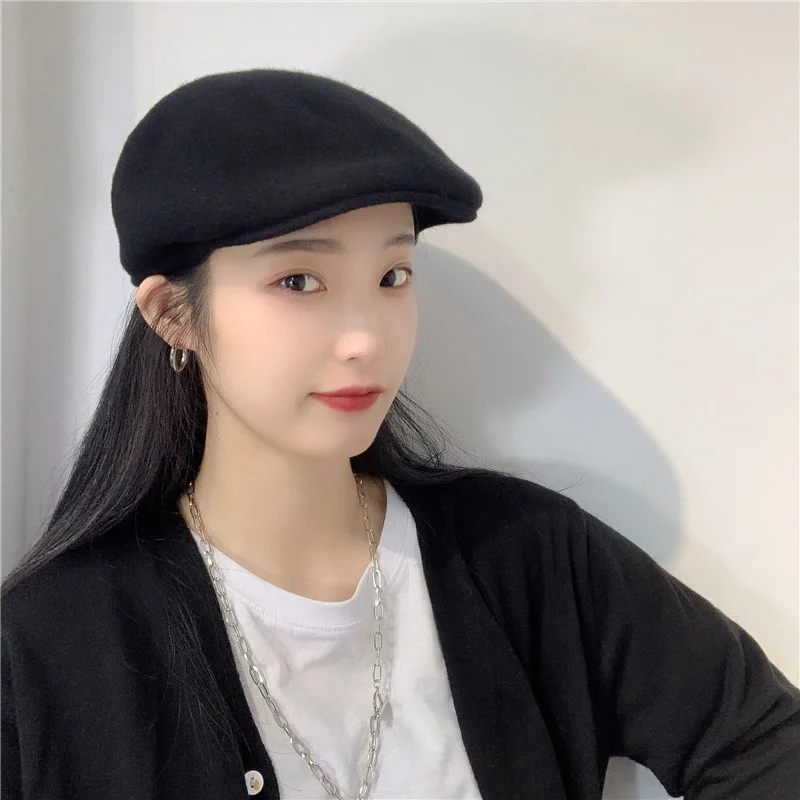 

Women Black Military Hats Autumn Winter Fashion Wool Pu Leather Patchwork Newsboy Caps With Belt Female Gorras