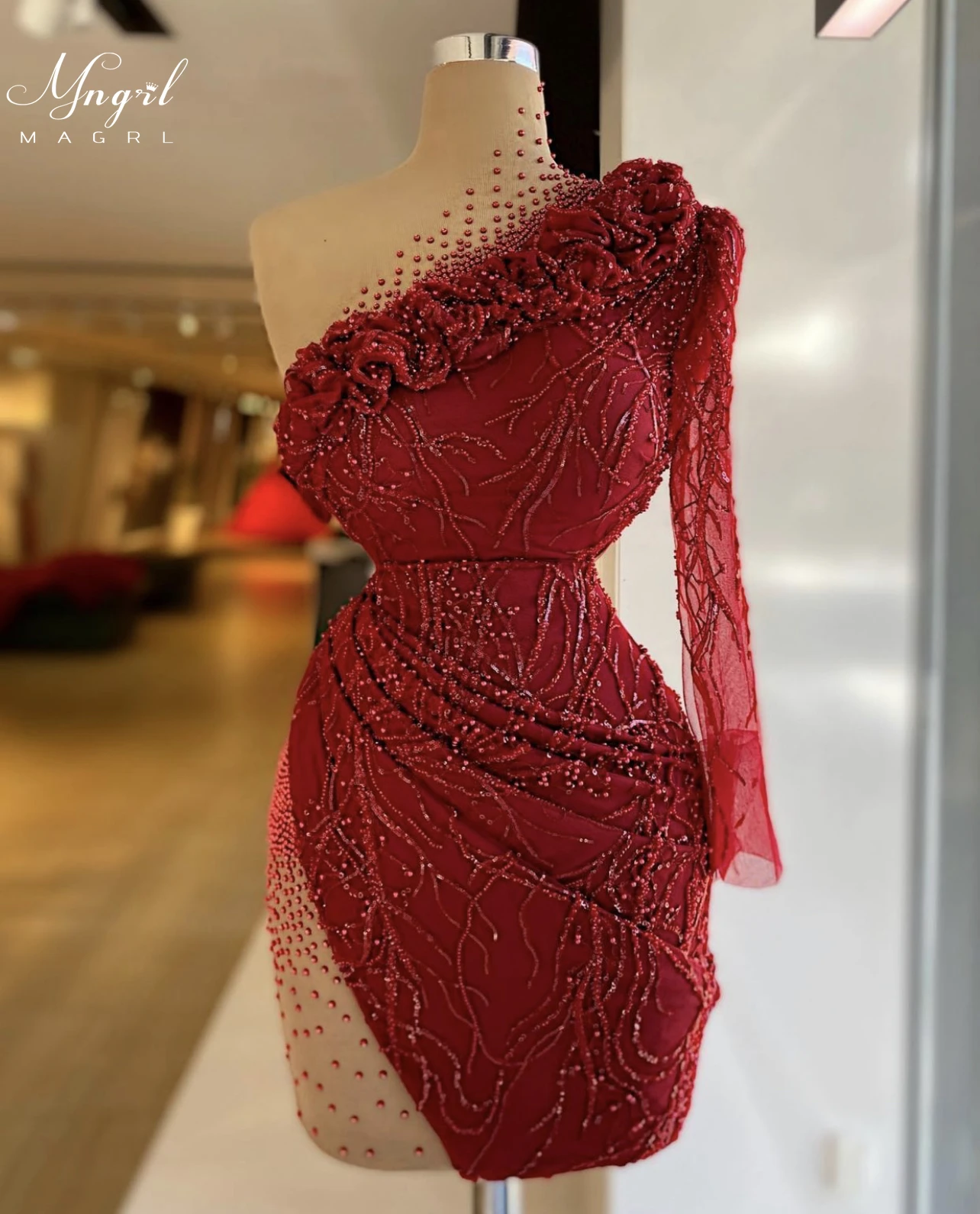 

MNGRL Luxury Evening Dress One-shoulder Long Sleeves Hand-applied Diamonds Glittering 2021 New Evening Dress Party Dress