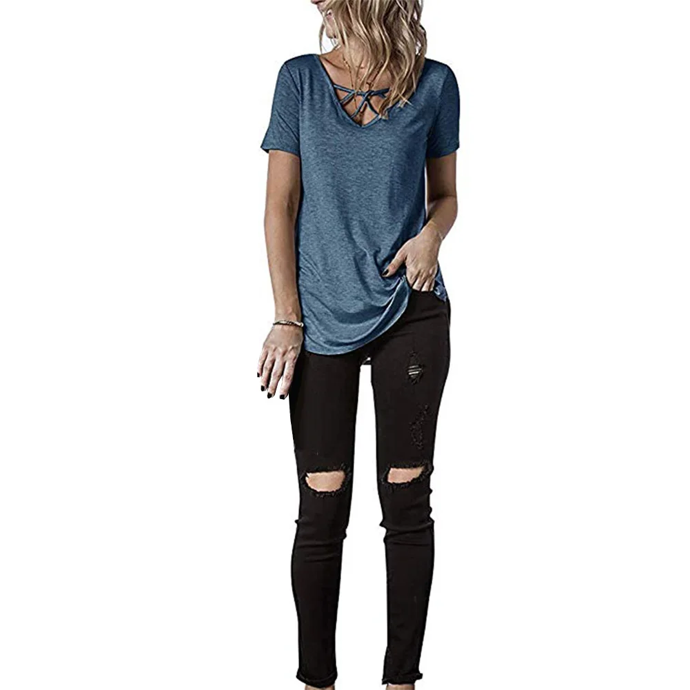 V шеи летние топы с коротким рукавом Свободные повседневные Крест-Накрест