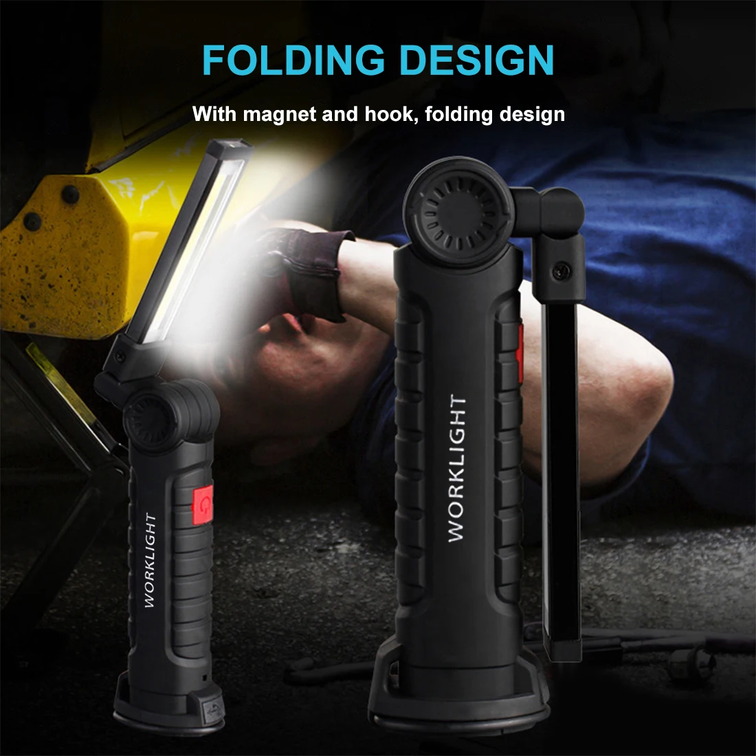 

Светодиодный фонарик с COB матрицей, 5 режимов, Складная Рабочая лампа с крючком, на батарейках, магнитный фонарь для охоты, кемпинга