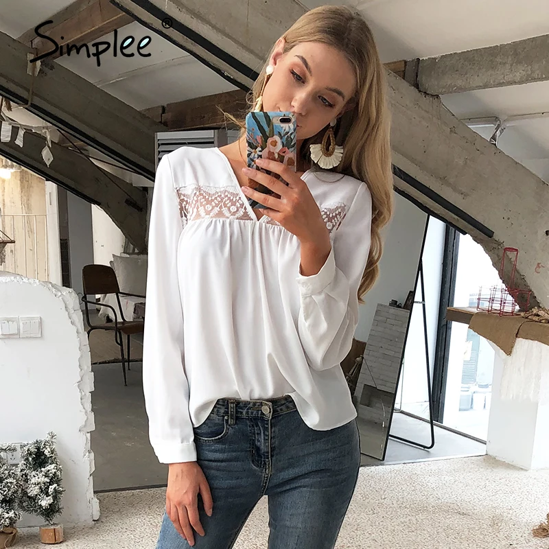 Simplee Сексуальная Вышивка Кружевная Сетка белая женская блузка рубашка