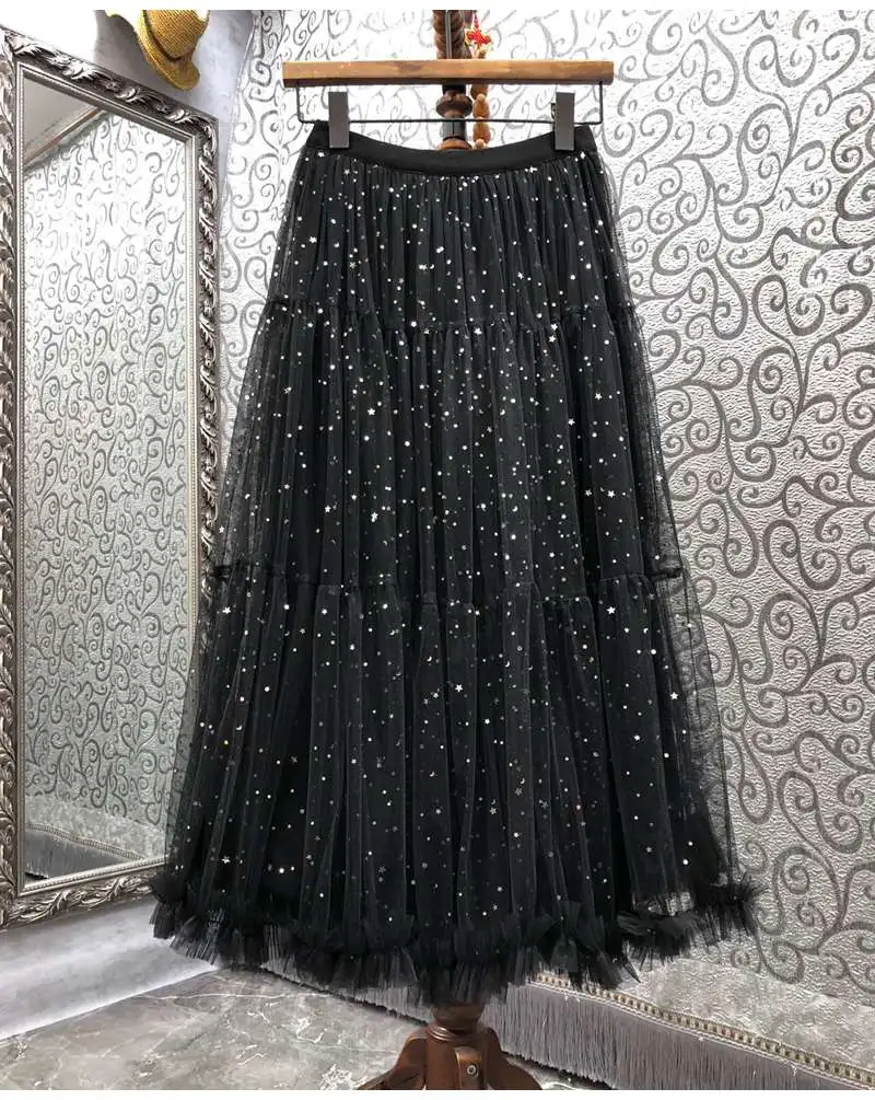 Ball Gown Skirts 2022 Spring Fashion Style Skirts Ladies Elastic Waist Seuined Patterns Sexy Tulle Mesh Long Party Club Skirts