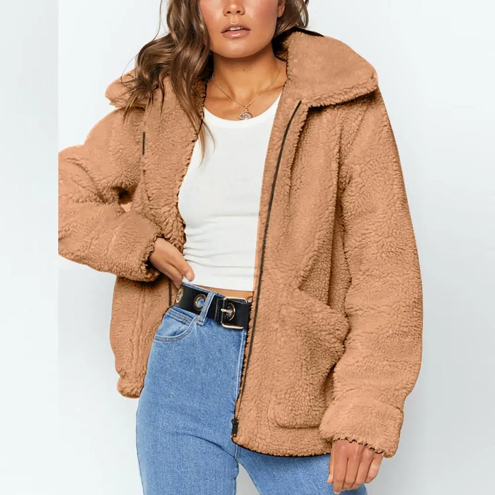 

Plush Coat Plus Size Women Autumn Winter Fluffy 2019 Solid Long Sleeve Lapel Zipper Fake Fur Coat Soft Female Overcoat
