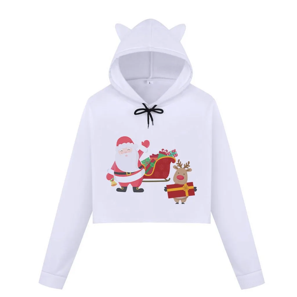 Женская рождественская толстовка с капюшоном принтом Санта Клауса и лося
