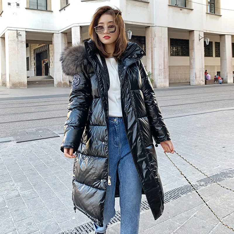 

Lusumily Large Fur Collar Winter Down Jacket Women Long Ultra Light Jackets Hooded Parka Warm Coat Female Glossy Outerwear