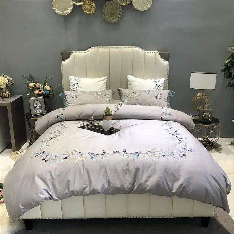 

Chic Floral Leaves Embroidery Gray Grey Duvet Cover with Zipper J/6 Piece Ultra Soft 600TC Egyptian cotton Bedding set Bed sheet