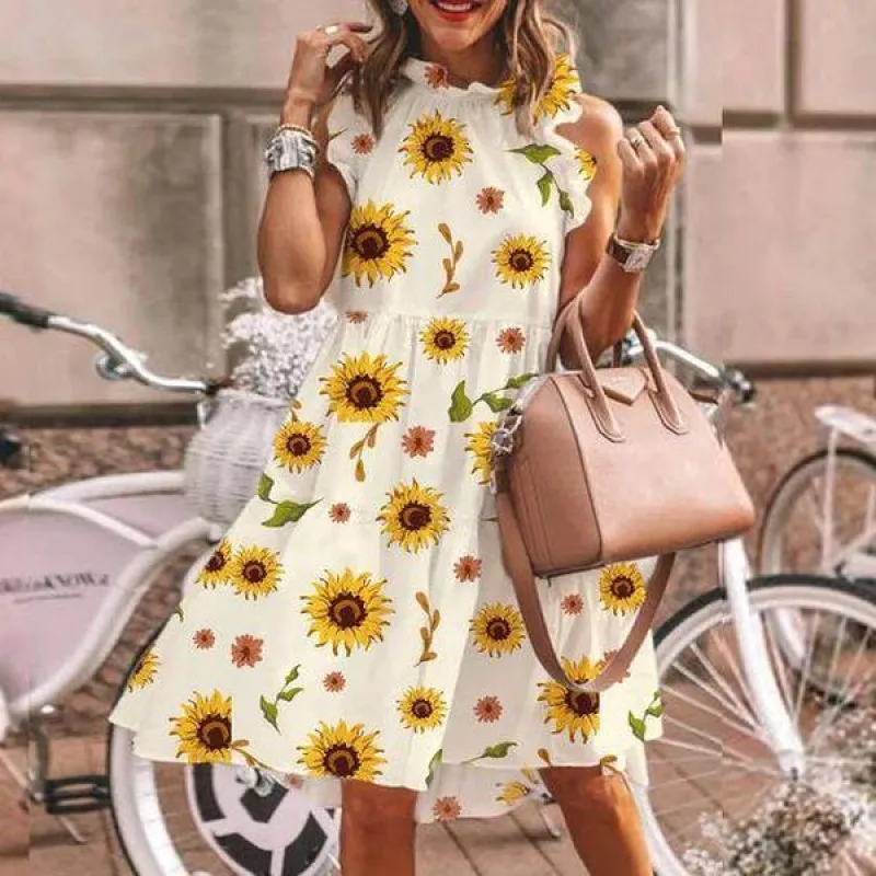 Summer Sunflower Printed Shift Dress Sexy Off Shoulder O Neck Knee Length Swing Dresses Holiday Party Vestidos WDC5338 | Женская одежда