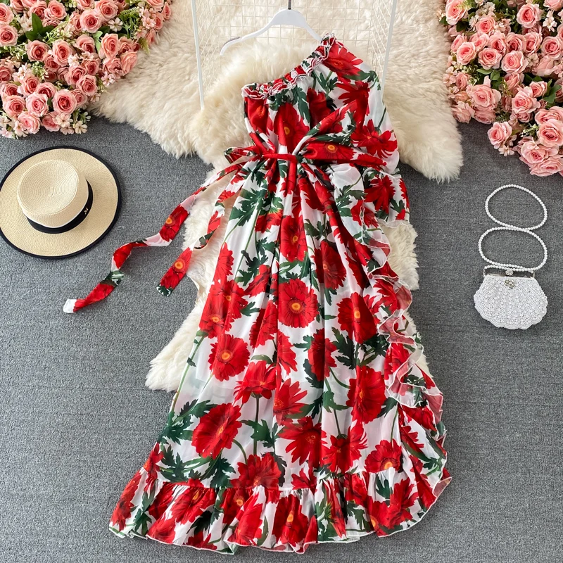 

Summer new lotus leaf print Dress One-shoulder temperament commuter fashion woman dress Short-sleeved strapless shoulder dresses