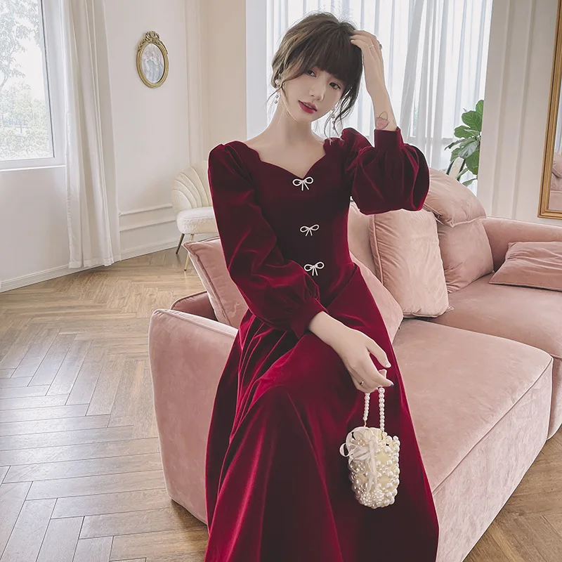 

Autumn Women Evening Velour Dress Sexy V-Neck Bud Sleeve Wedding Party Pleated Dresses Long Skirt Toast Bride Banquet Prom Gown