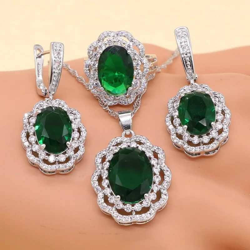 Зеленый полудрагоценный женский свадебный ювелирный набор из серебра 925 пробы
