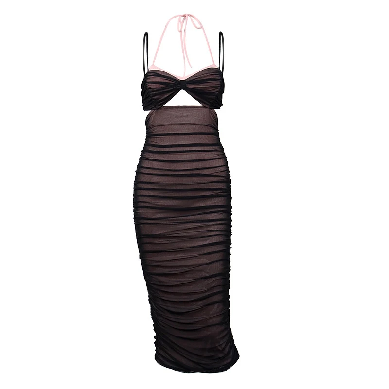

Hotvestita 2021 Summer Woman Sexy Black Halter Slip Dress Mesh Ruched Bodycon Hollow Out Backless Elegant Party Club Midi Dress