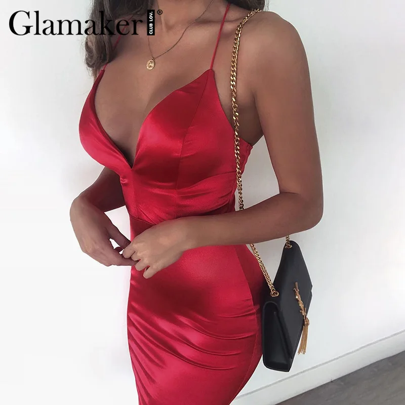 Женское атласное платье миди Glamaker Красное Облегающее Платье с v образным вырезом