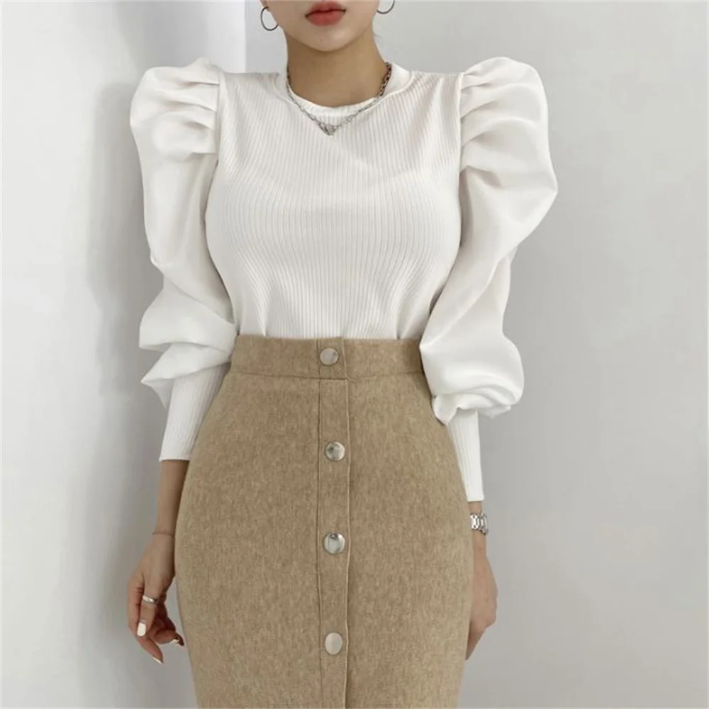 

Patchwork Puff Sleeves Chic Women Tops Office Lady High Street 2021 New Vintage Femme Pullover Sweaters