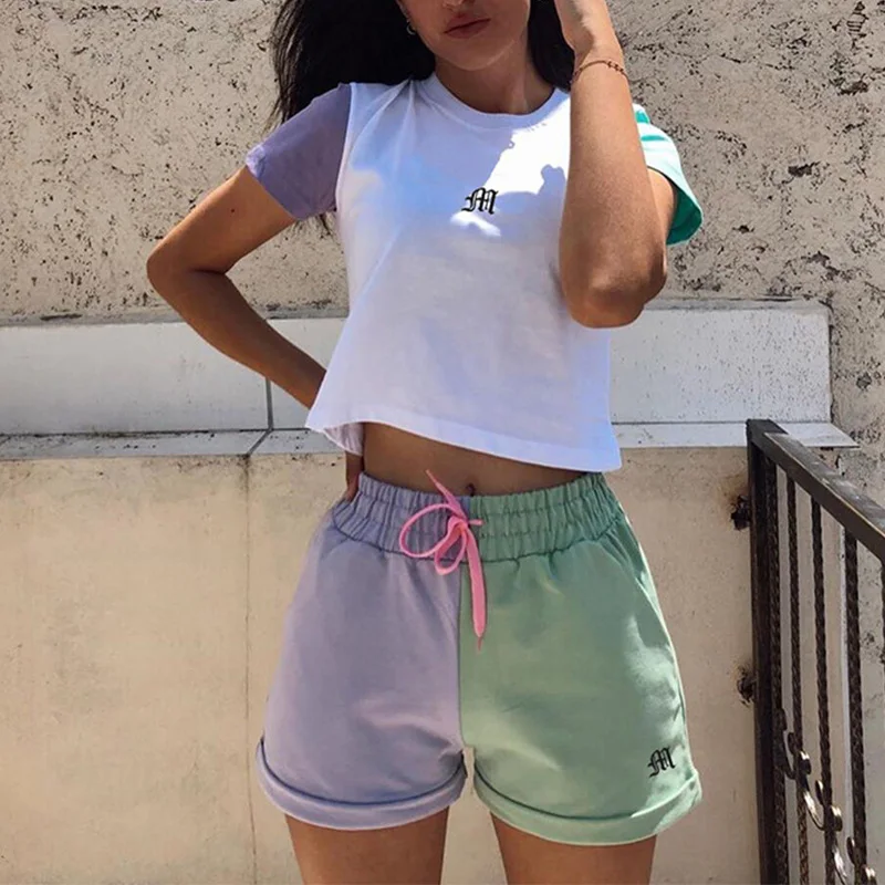 

Patchwork Print Women Short Sleeve Tracksuit Summer Pink Drawstring Mini Ladies Sweat Shorts Outfits 2021 Women's Streetwear Set
