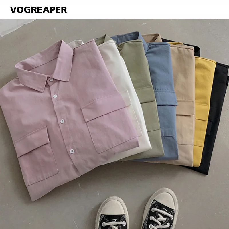 Рубашка мужская с карманами на груди и короткими рукавами модная уличная одежда