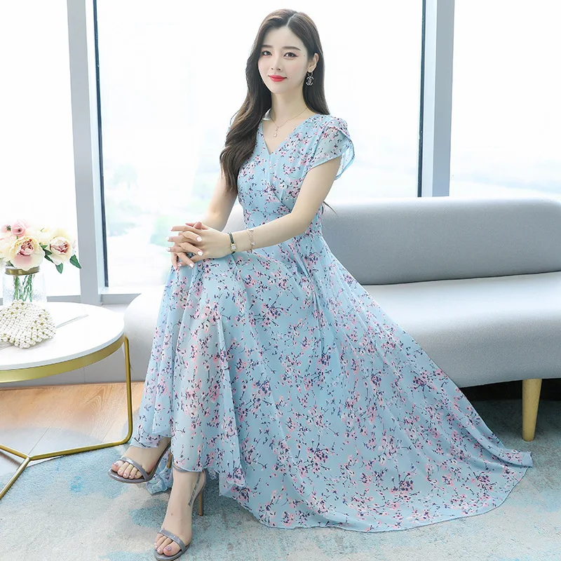 

2021 Summer New Crushed Flower Dress Lady Short SleeveS V-Neck Long-Length Grand Swing Slim Figure Thin Chiffon Long Skirt Girl