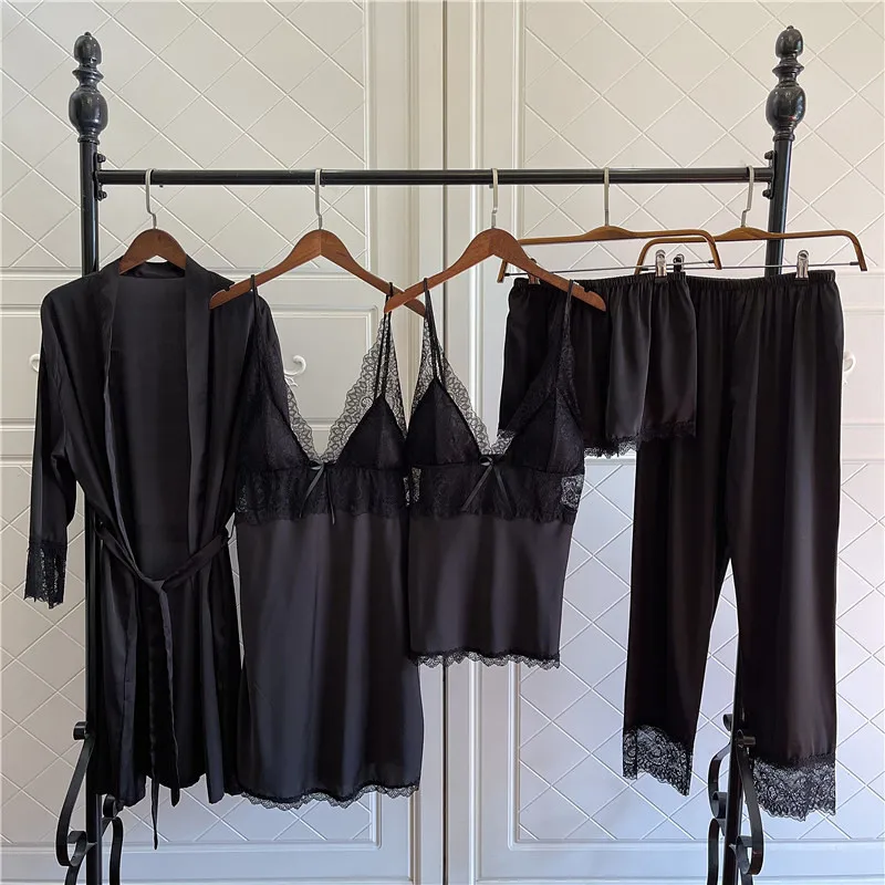 

Sexy Loose Home Clothes Spring Summer 5pcs Robe Nightgown Female white Pajamas Set Pant Strap Top&Shorts With Chest Pad Suit