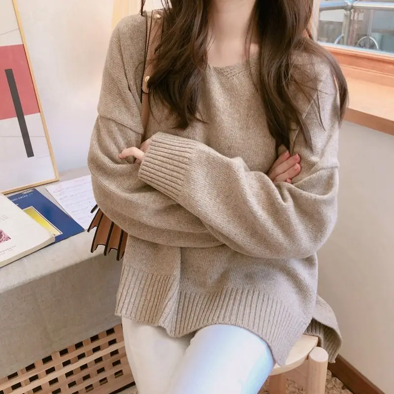 

Pullovers Women V-Neck Solid Female Simple All Match Elegant College Leisure Korean Style Loose Comfortable Soft Warm Autumn New