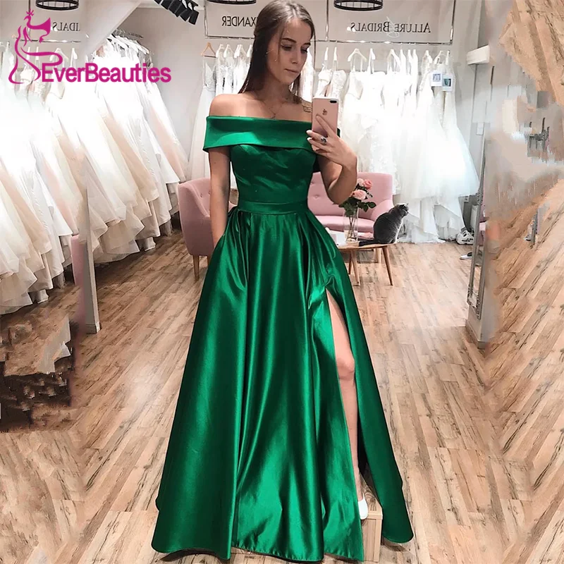 

Vestido Formatura Off the Shoulder Prom Dresses 2020 Satin Green Evening Party Dress Robe De Soiree Vestidos De Gala