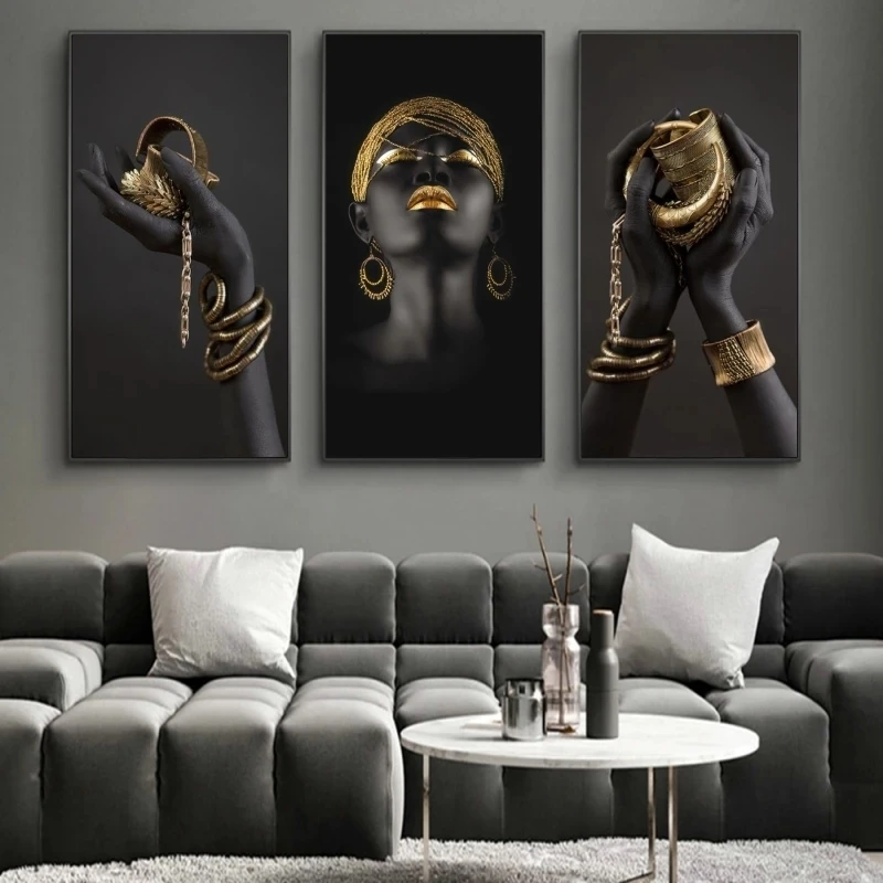 

African Woman Wall Art Paintings Canvas Posters And Prints Black Hands Holding Golden Jewellery Figure Pictures Home Decor