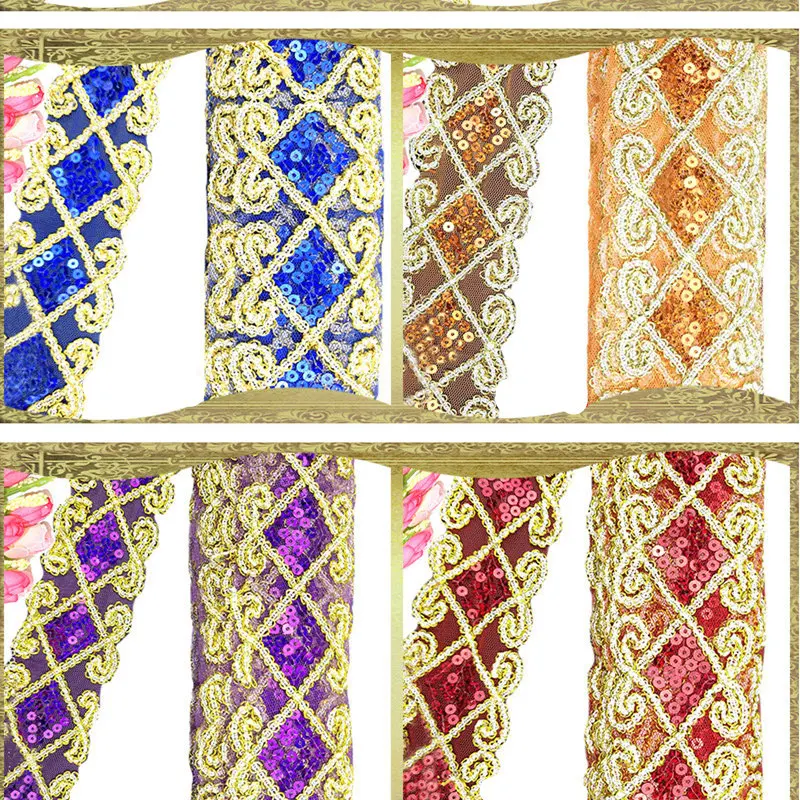 Оптовая продажа 15 ярдов/партия золотые блестки кружевная лента Женский текстиль