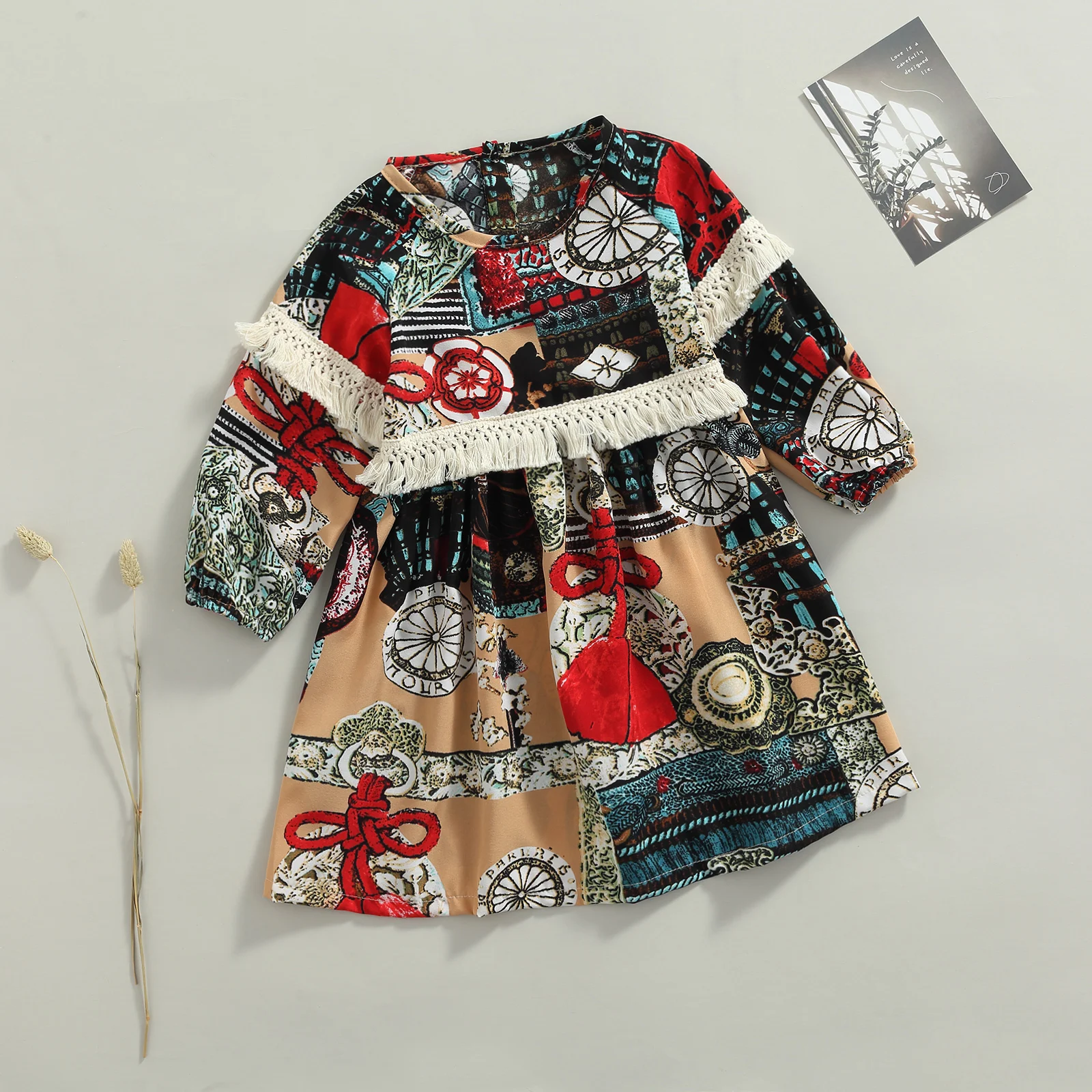 

Children's Clothing Loose Pattern Printed Tassels Patchwork Long Sleeves Casual Dresses Toddler Girls Spring Summer Autumn Skirt