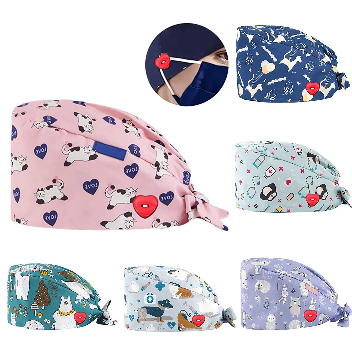 

Unisex Scrub Cap Adjustable Doctor Nurse Workwear Printing Hat Heart Button Hat