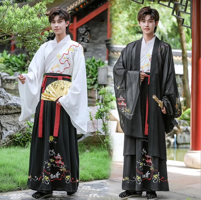 

Мужской костюм Hanfu большого размера 5XL с вышивкой в старинном китайском стиле, мужской костюм Hanfu для косплея на Хэллоуин, черная искусственн...