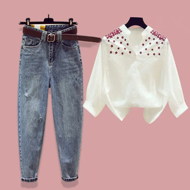 

2021 Autumn 2 Pieces Jeans Suits Women Long Sleeve Embroidery Blouse Tops + Ankle-length Denim Pants Sets Two Piece Outfits Q672