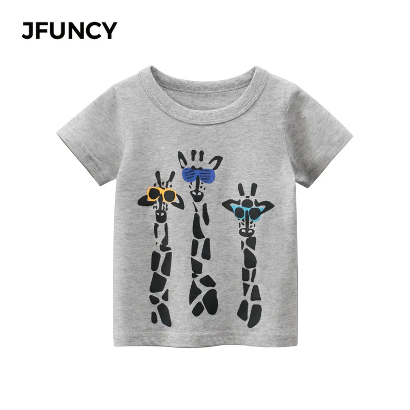 

JFUNCY 2021 Summer Cotton Boys Oversized T-Shirt Cartoon Giraffe Printing Short Sleeve Tshirt Top Fashion Children's Clothing
