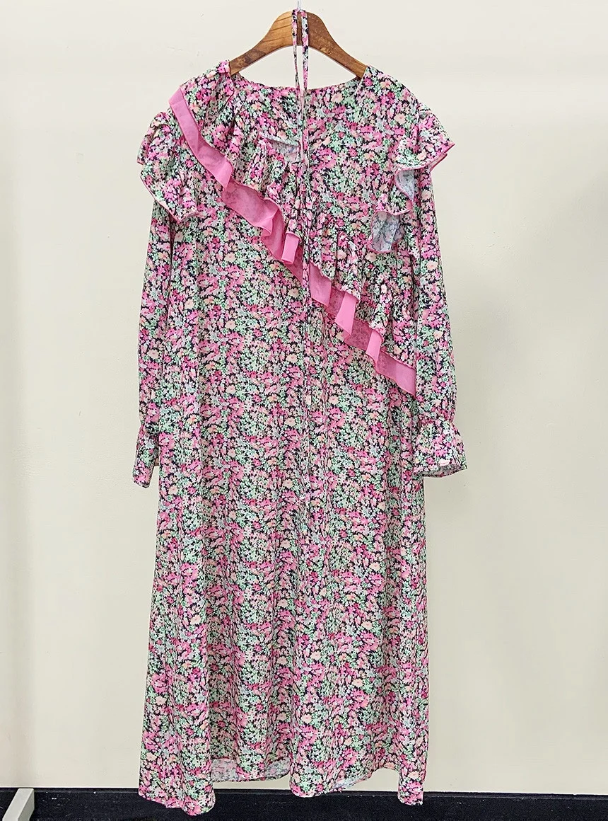 

New Long Sleeve Spring Female Dress Patch Ruffles Collar with Independent Straps Casual Floral Print Women Dresses Oversize