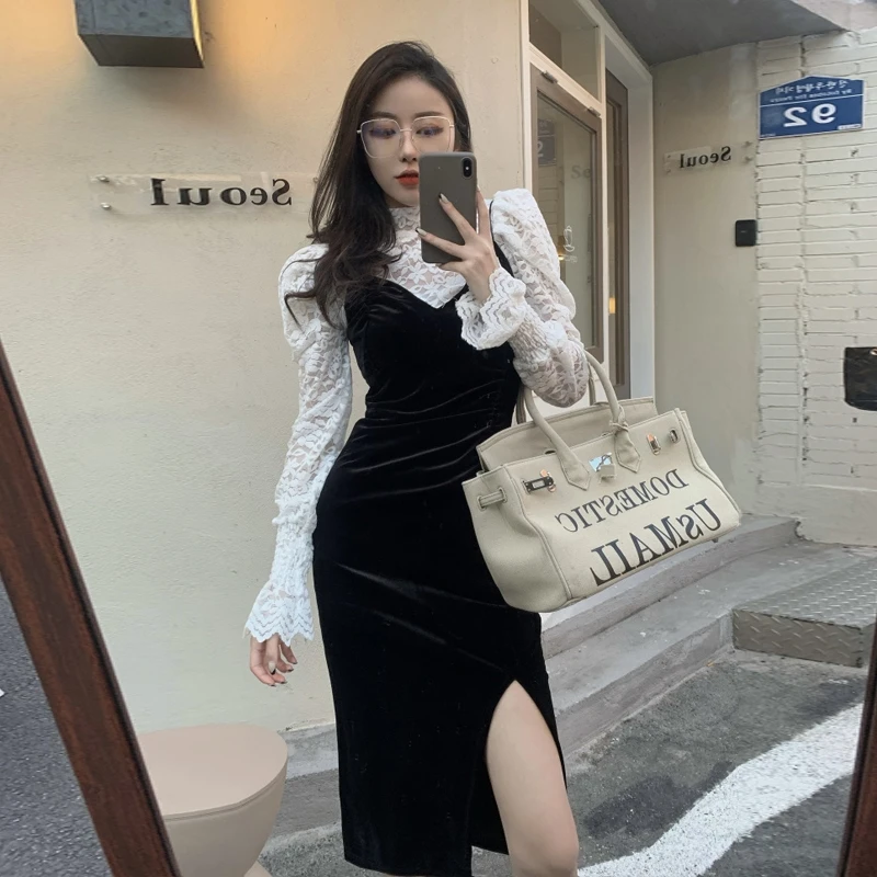 

Spring 2021 Hong Kong Style Lace Strap Velvet Dress for Women Autumn and Winter Elegant Slim Fit Slimming V-Neckline Split