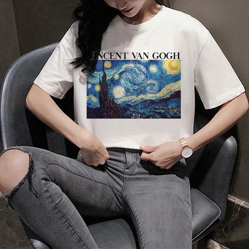 Harajuku Van Gogh Funny Cartoon T Shirt Women Ullzang Aesthetic Print T-shirt 90s Graphic Vintage Tshirt Korean Top Tees Female | Женская