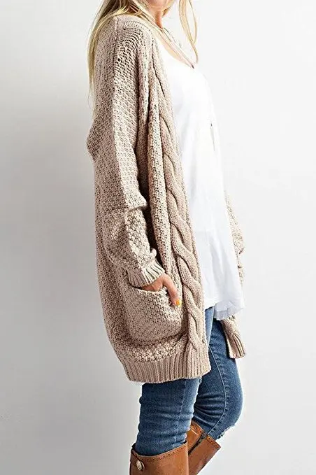 

2021 autumn and winter new product mid-length plus size solid color pocket sweater ladies twist knit cardigan