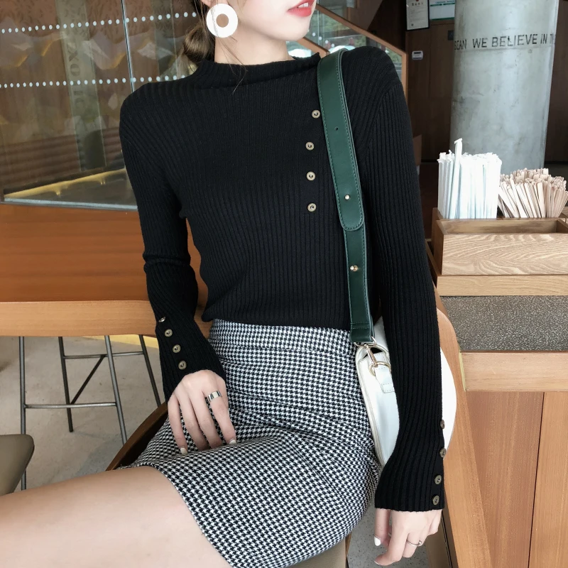 

PADEGAO New Fashion Button Turtleneck Sweater Women Spring Autumn Solid Knitted Pullover Slim Soft Jumper Knit Tops PDG272