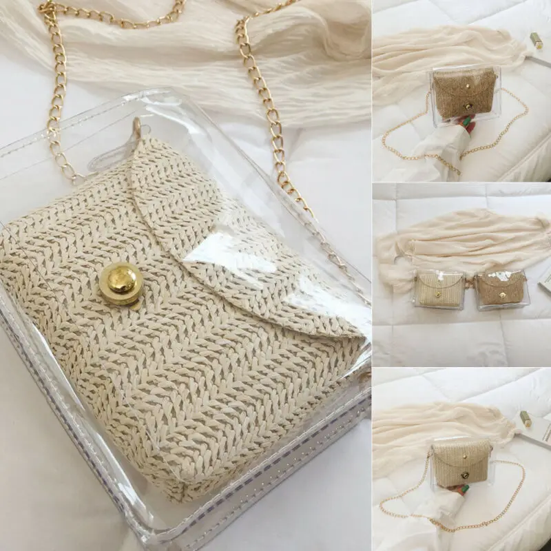 Ретро Винтаж женщины Лето Пляж Tote Сумочка Дамы ротанга соломенная желе сумка