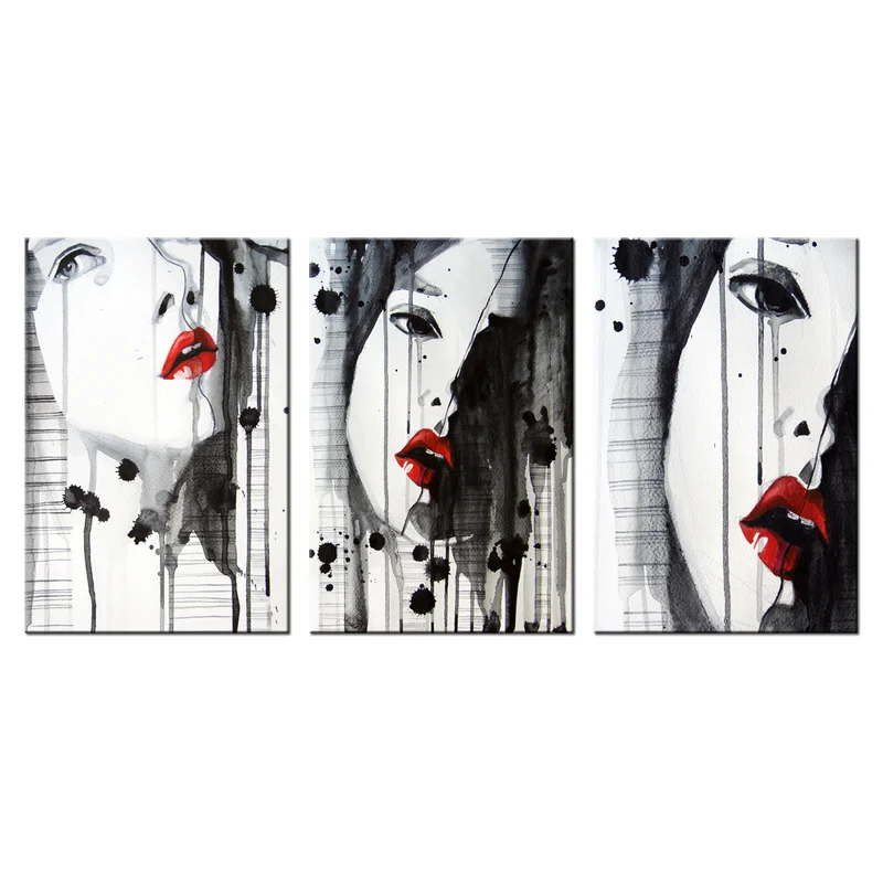 

Figure Canvas Painting Beautiful Girl with Red Lips Wall Art Poster 3 Pieces Black and White Print Modern Home Decor Picture