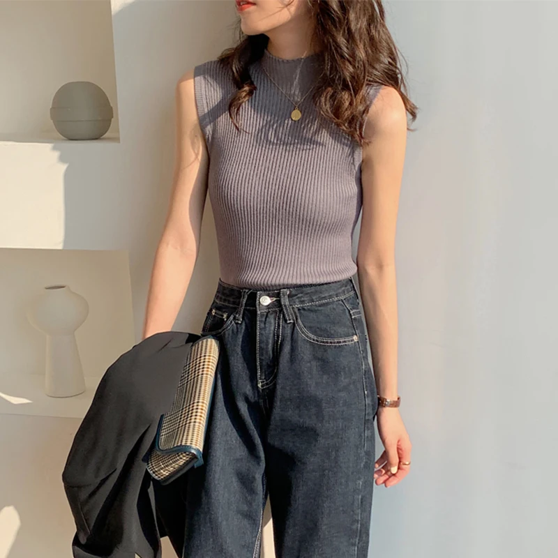 Сексуальные женские топы на бретелях с высоким воротником без рукавов Вязанный